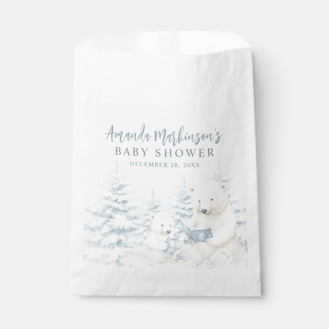 Blue Winter Polar Bear Watercolor Baby Shower Favour Bags (Front)