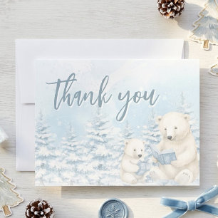 Blue Winter Polar Bear Watercolor Baby Shower Flat Thank You Card