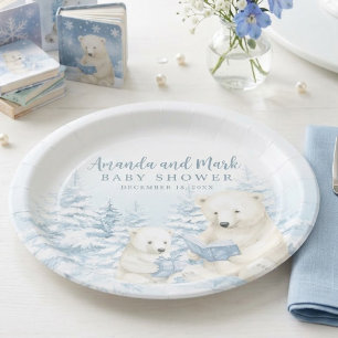 Blue Winter Polar Bear Watercolor Baby Shower Paper Plate