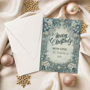 Blue Winter Rose Christmas Holiday Card