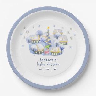 Blue Winter Snow It Take A Village Baby Shower  Paper Plate