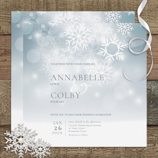 Blue Winter Snow Modern Square Wedding Invitation (Creator Uploaded)