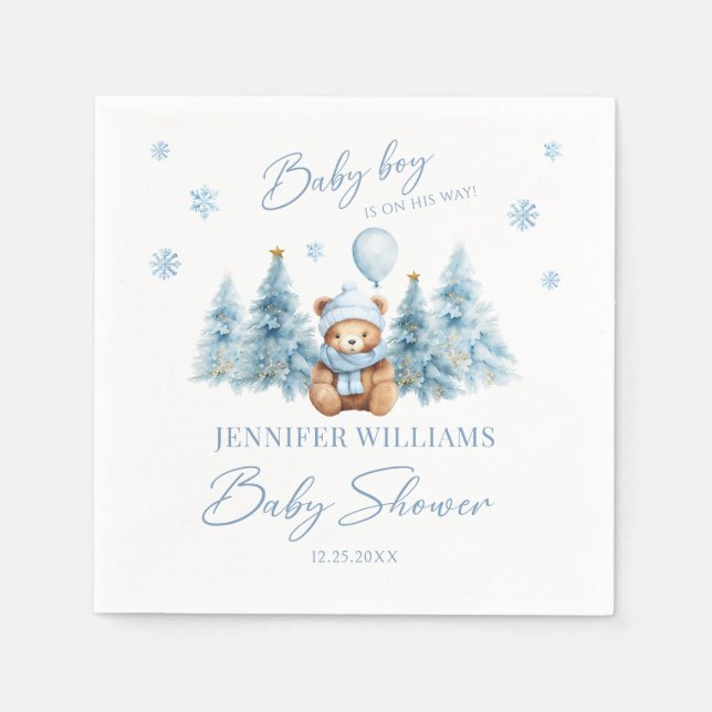 Blue Winter Snow Teddy Bear Baby Boy Shower Paper Napkin (Front)