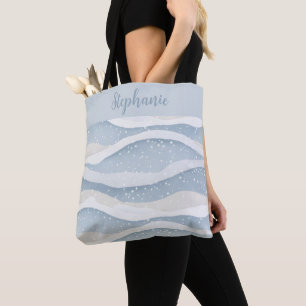 Blue Winter Snowfall Monogram Wave Pattern Tote Bag