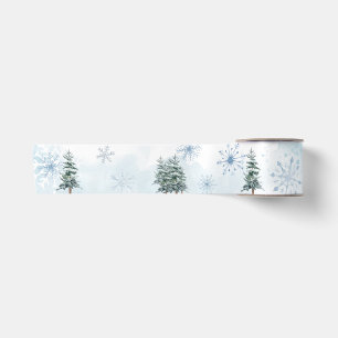 Blue Winter Snowflake and Pine tree Gift Ribbon Satin Ribbon