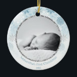 Blue Winter Snowflake Baby's First Christmas Ceramic Tree Decoration<br><div class="desc">Commemorate your newborn bay's first Christmas with this elegant icy blue and silver glitter personalised ornament. This ornament is fully customisable! You can edit the text and add your own photo by clicking "personalise this template". This winter snowflake ornament has a space for you to add your baby photo, baby...</div>