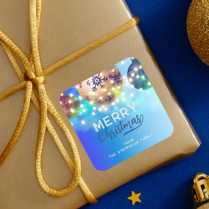 Blue Winter Snowflake Baubles Twinkling Lights Square Sticker