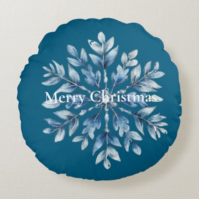 Blue Winter Snowflake Christmas Round Cushion (Front)