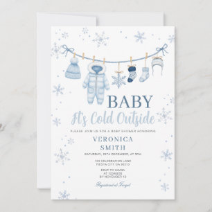 Blue Winter Snowflake Clothesline Baby Shower Invitation