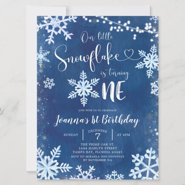 Blue Winter Snowflake First Birthday Invitation (Front)