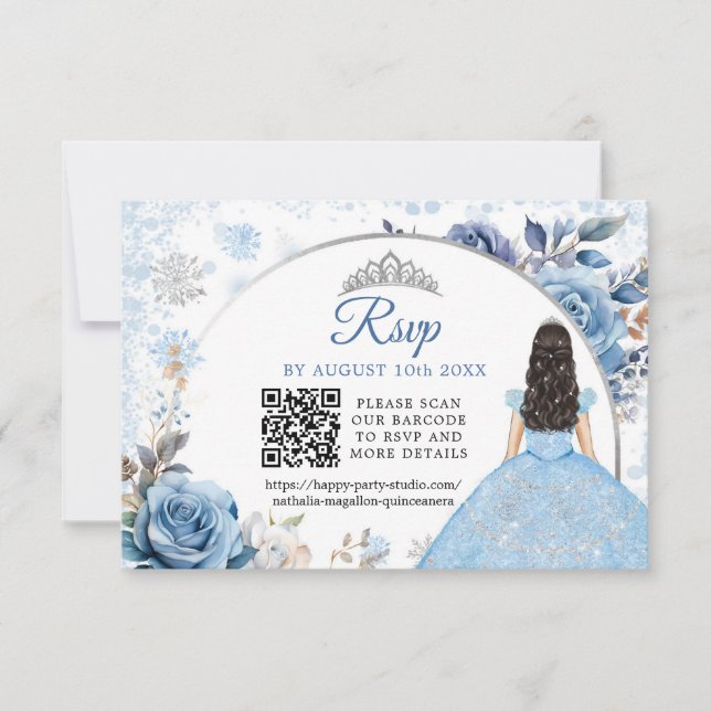 Blue Winter Snowflake Mis Quince QR Code RSVP (Front)