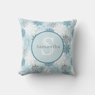 Blue Winter Snowflake Personalised Monogram Cushion