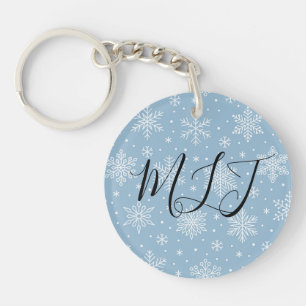 Blue Winter Snowflakes Initial Monogram Key Ring