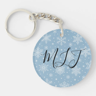Blue Winter Snowflakes Initial Monogram  Key Ring