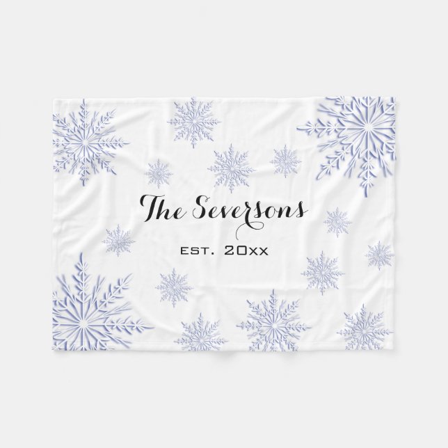 Blue Winter Snowflakes on White Fleece Blanket (Front (Horizontal))
