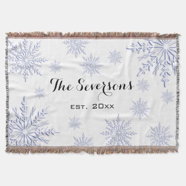 Blue Winter Snowflakes on White Throw Blanket (Front)
