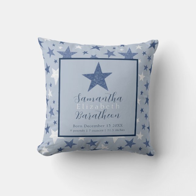 Blue Winter Stars Personalised Baby Birth Stat Cushion (Front)