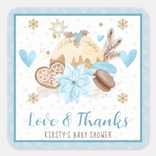 Blue Winter Sweets Baby Shower Favour Square Sticker (Front)