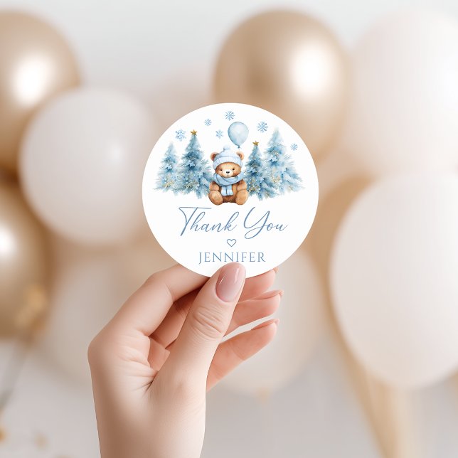 Blue Winter Teddy Bear Baby Boy Shower Thank You Classic Round Sticker (Creator Uploaded)