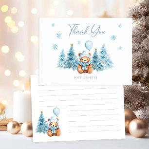 Blue Winter Teddy Bear Balloon Baby Boy Shower Thank You Card