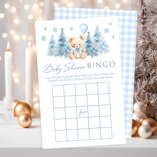 Blue Winter Teddy Bear Bow Baby Shower Game Bingo (Creator Uploaded)
