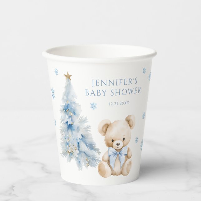 Blue Winter Teddy Bear Pine Tree Baby Girl Shower Paper Cups (Front)