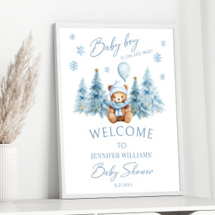 Blue Winter Teddy Bear Pine Trees Baby Boy Shower Poster