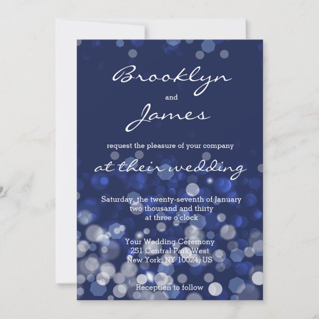 Blue Winter Themed Wedding Invitations Bokeh (Front)