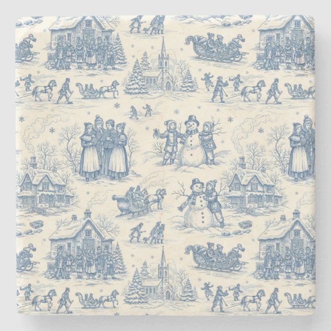 Blue Winter Toile Chinoiserie Stone Coaster (Front)