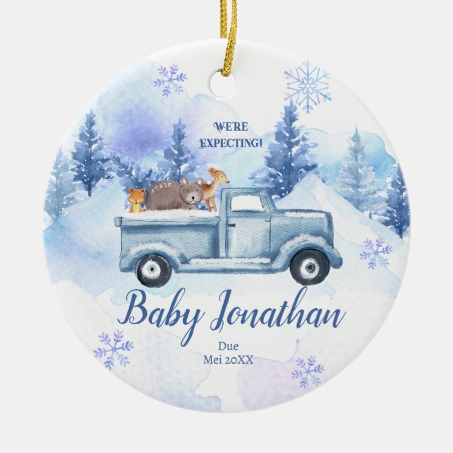 Blue Winter Truck Animal We're Expecting Parents Ceramic Tree Decoration (Front)