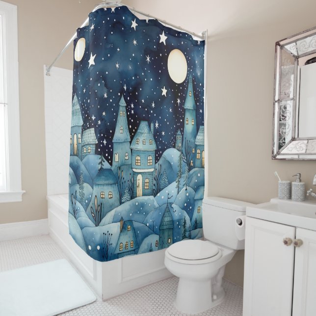 Blue Winter Village Shower Curtain (In Situ)