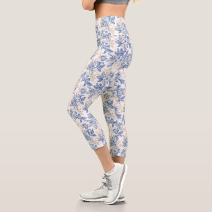 Blue Winter Vintage Flower Pattern Capri Leggings