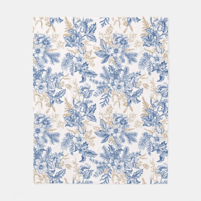 Blue Winter Vintage Flower Pattern Fleece Blanket (Front)