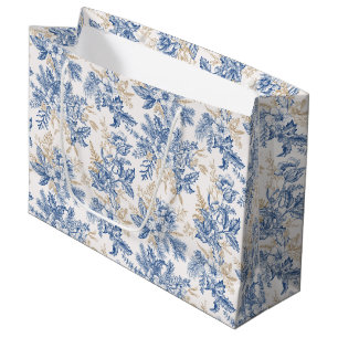 Blue Winter Vintage Flower Pattern Large Gift Bag