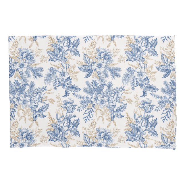 Blue Winter Vintage Flower Pattern Pillowcase (Front)