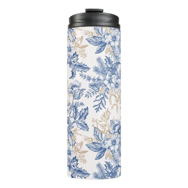 Blue Winter Vintage Flower Pattern Thermal Tumbler (Front)