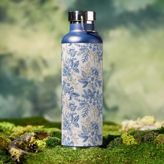Blue Winter Vintage Flower Pattern Water Bottle (Outdoor)