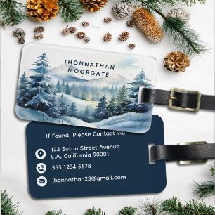 Blue Winter Watercolor Forest Mountains Luggage Tag
