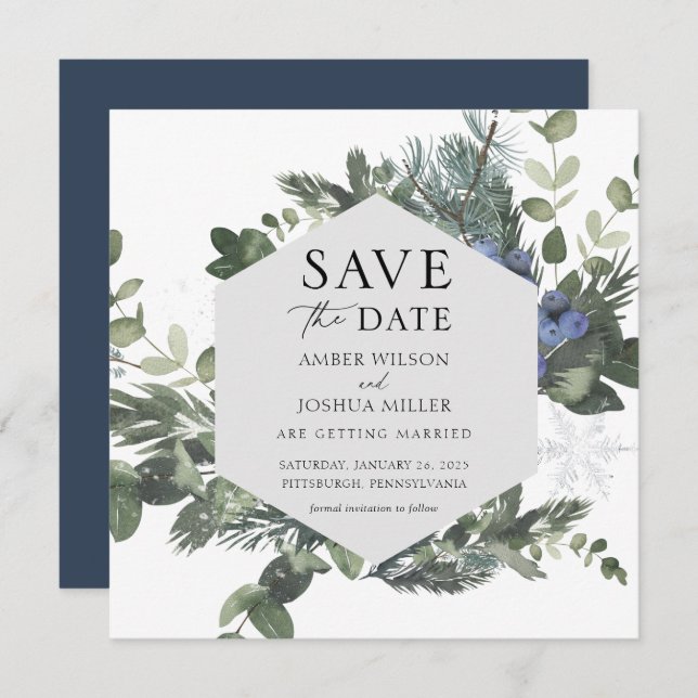 Blue Winter Wedding Save the Date Invitation (Front/Back)