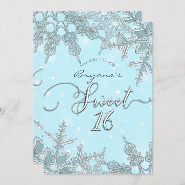 Blue Winter Wonderland Elegant Snowflakes Sweet 16 Invitation (Front/Back)