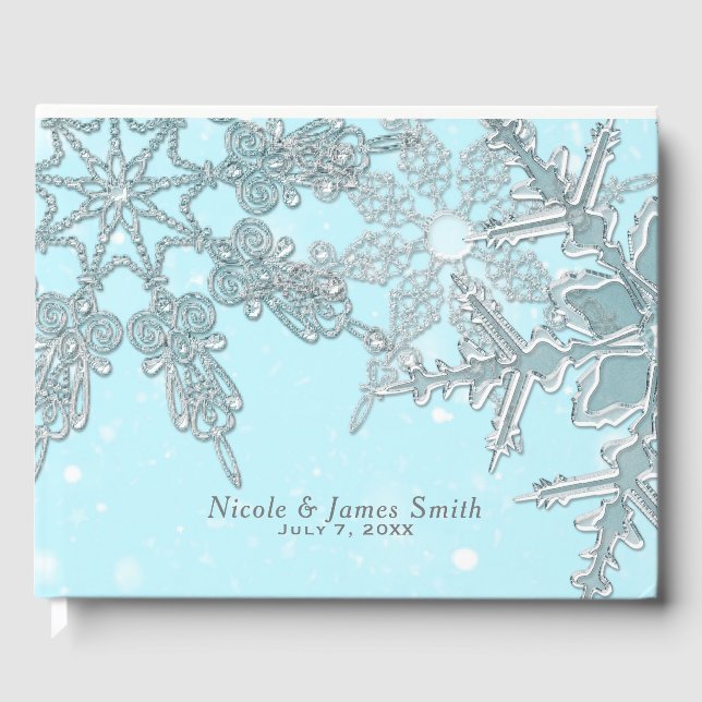 Blue Winter Wonderland Elegant Snowflakes Wedding Guest Book (Front)