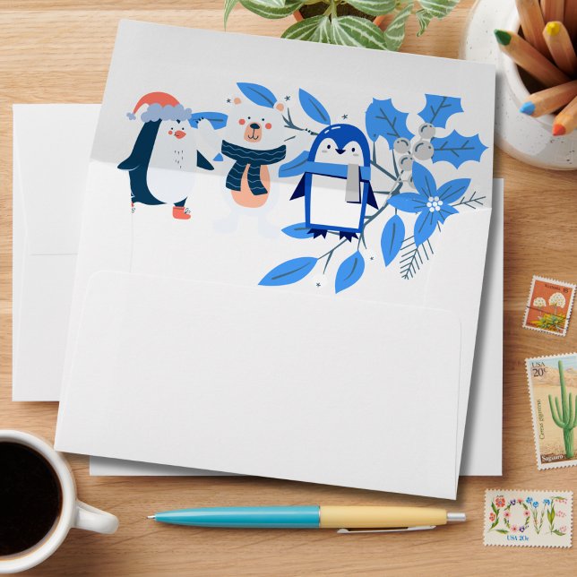 Blue winter wonderland penguins polar bear envelope (Creator Uploaded)