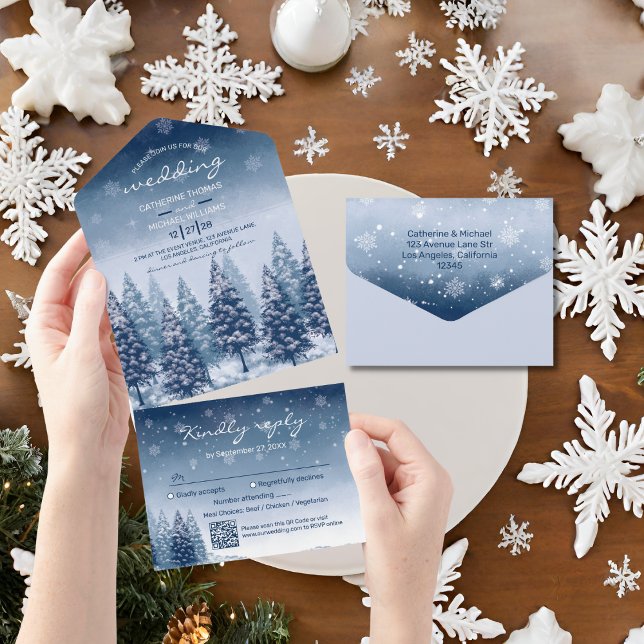 Blue Winter Wonderland Pine Christmas Wedding  All In One Invitation (Creator Uploaded)