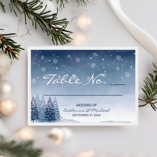 Blue Winter Wonderland Pine Christmas Wedding  Place Card (Creator Uploaded)
