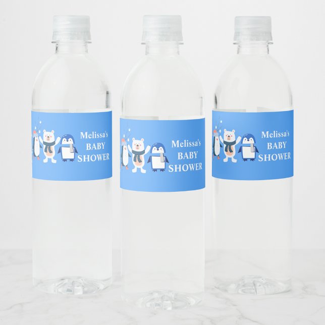 Blue Winter wonderland polar bear penguins Water Bottle Label (Creator Uploaded)
