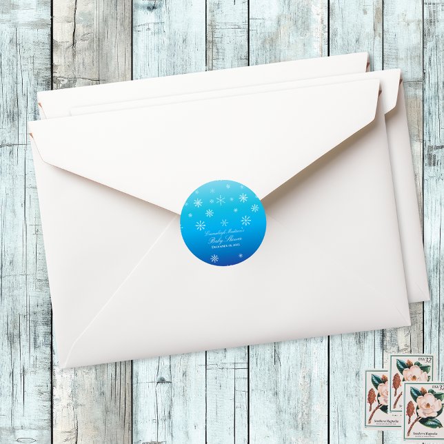 Blue Winter Wonderland Snowflake Baby Shower Favou Classic Round Sticker (Creator Uploaded)