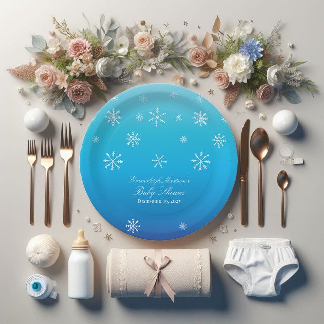 Blue Winter Wonderland Snowflake Baby Shower Paper Plate (Creator Uploaded)