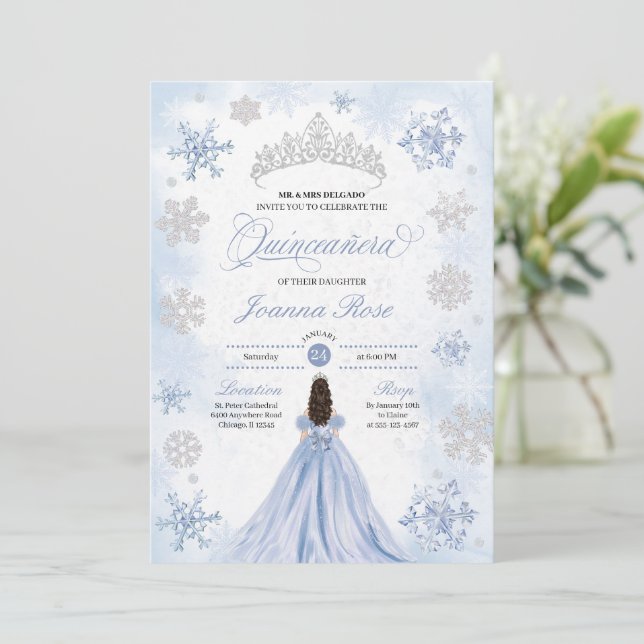 Blue Winter Wonderland Snowflake Quinceanera Invitation (Standing Front)