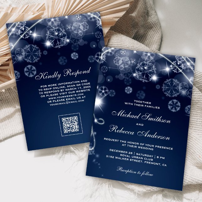 Blue Winter Wonderland Snowflakes QR Code Wedding Invitation (Creator Uploaded)