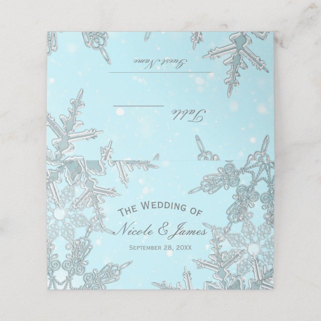 Blue Winter Wonderland Snowflakes Wedding Table Place Card (Outside Unfolded)